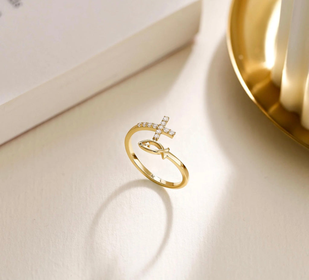 God Jesus Fish And Cross Ring